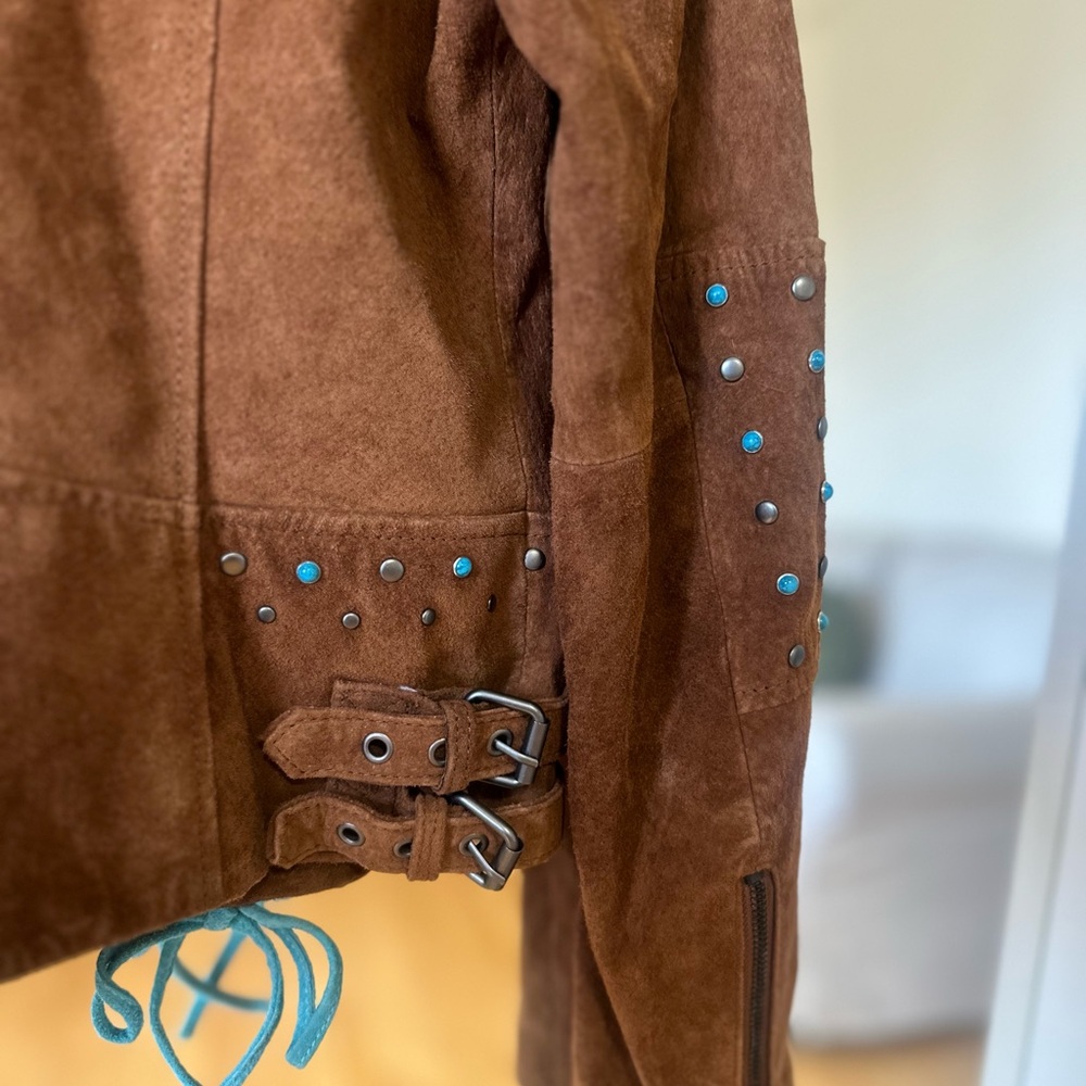 Bagatelle Brown and Blue Leather Jacket - Picture 7 of 9